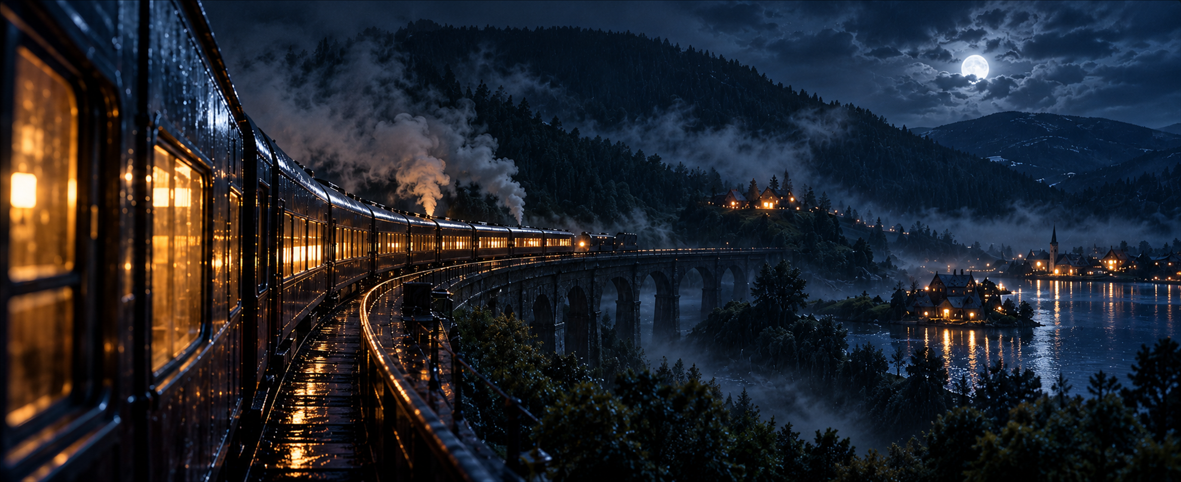 A warmly lit train travelling through the night, evoking a video shared with friends across distance